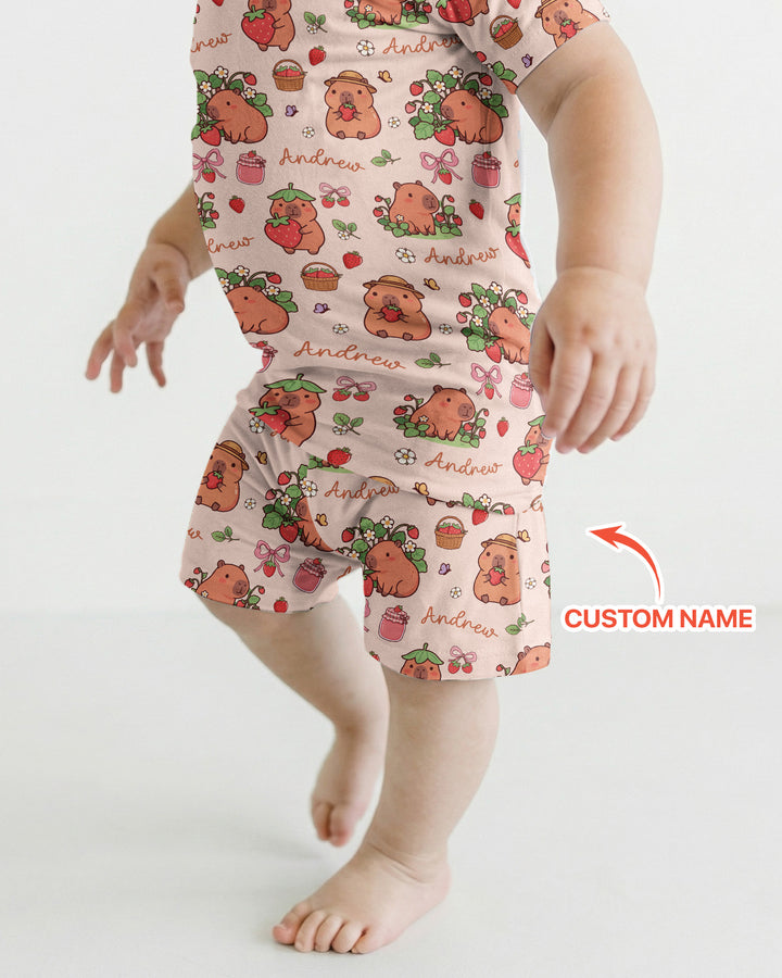 Custom Name Capybara Strawberry Bamboo Two Piece Short Sleeve Shorts Pajama Set