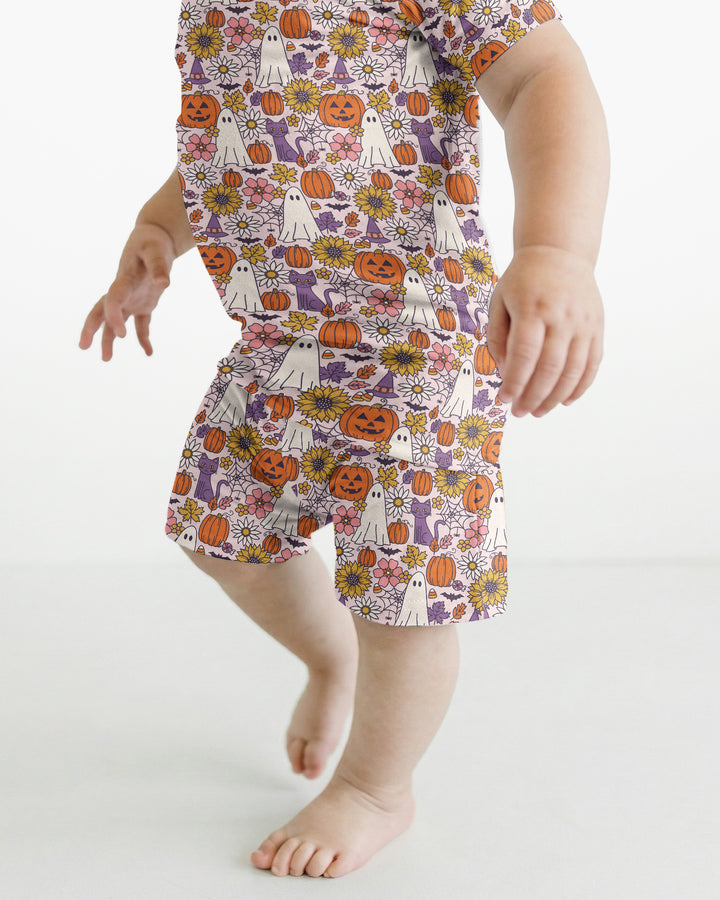 Ghost Pumpkin Fall Floral Halloween Bamboo Two Piece Short Sleeve Shorts Pajama Set