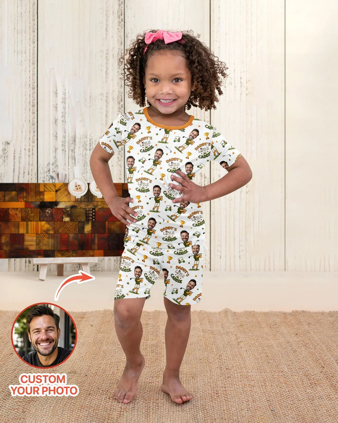 Custom Photo Daddy's Little Caddie Daddy & Me Matching Bamboo Two Piece Short Sleeve Shorts Pajama Set