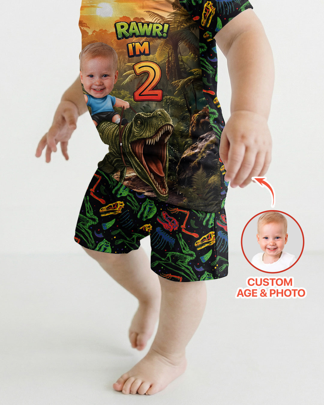 Custom Photo Dino Rawr Birthday Bamboo Two Piece Short Sleeve Shorts Pajama Set