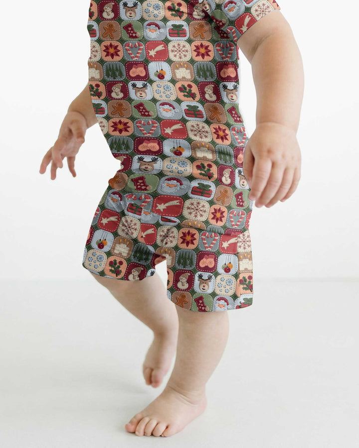 Christmas Felt Patchwork Bamboo Two Piece Short Sleeve Shorts Pajama Set