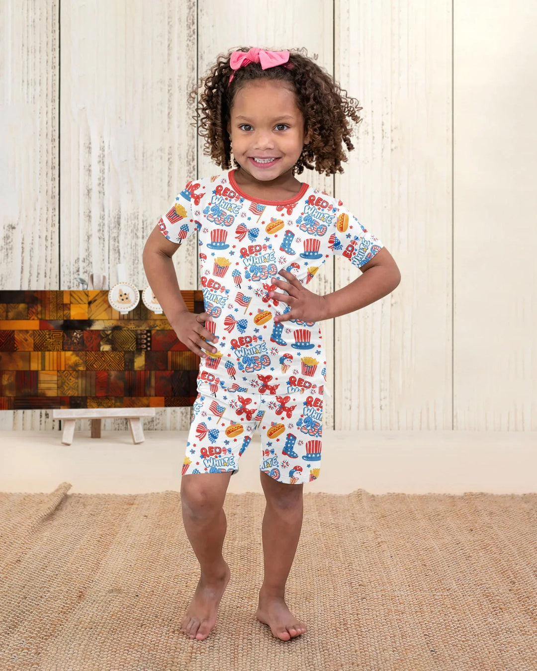 Red White & 250 Bamboo Two Piece Short Sleeve Shorts Pajama Set
