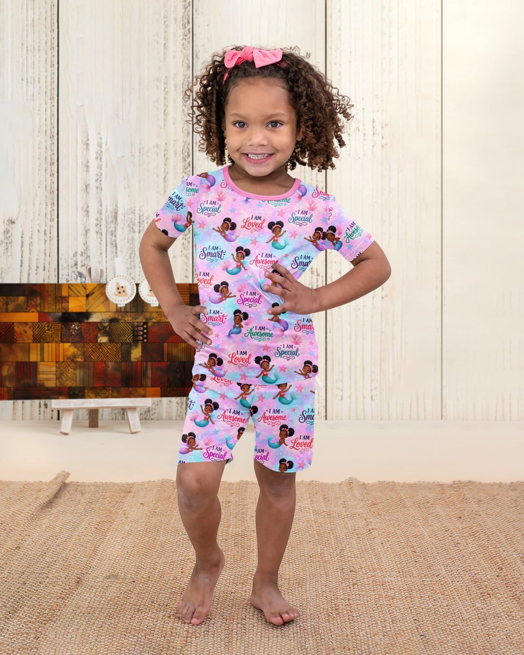 Black Mermaid I Am Strong Bamboo Two Piece Short Sleeve Shorts Pajama Set