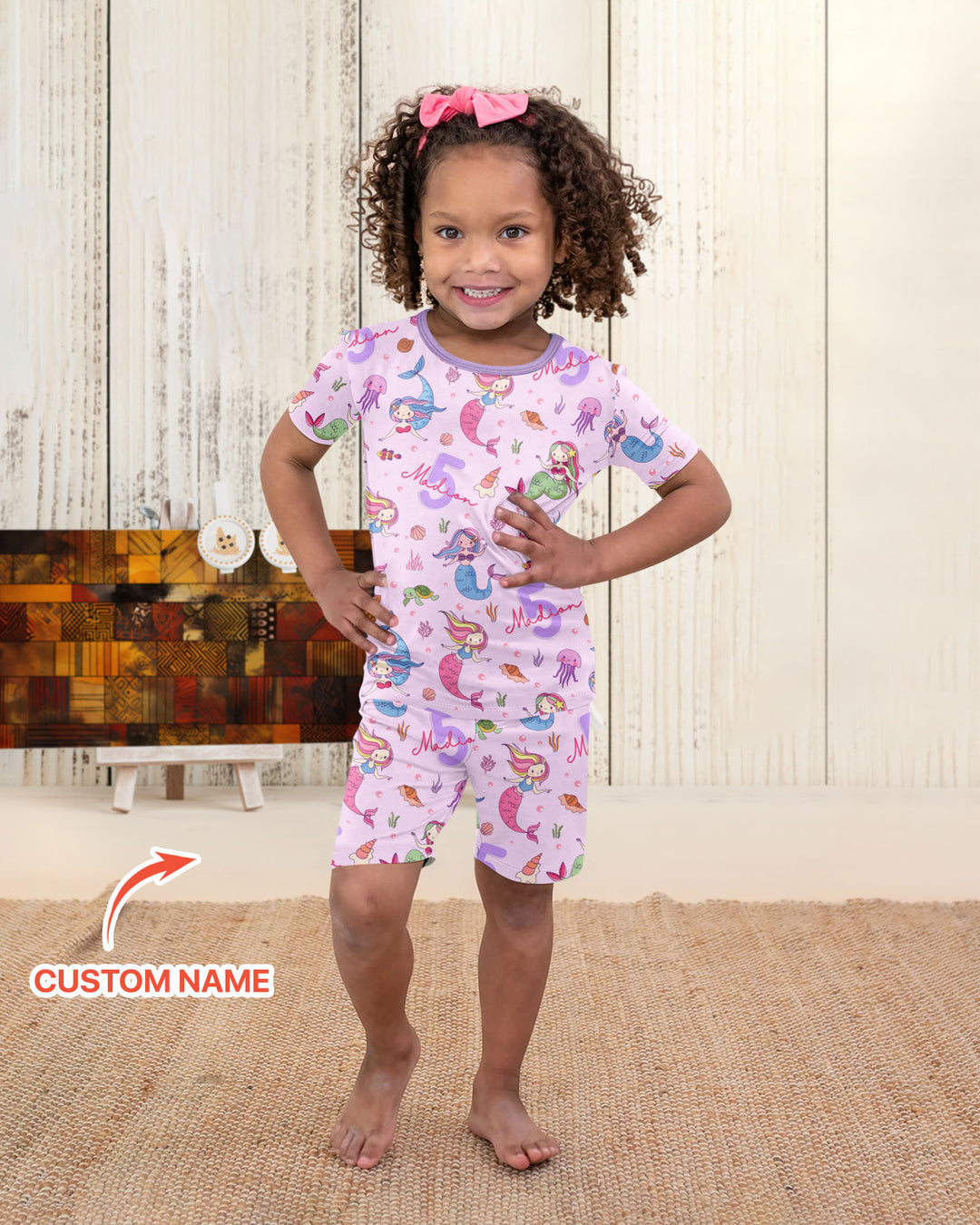 Custom Name Birthday Mermaid Bamboo Two Piece Short Sleeve Shorts Pajama Set