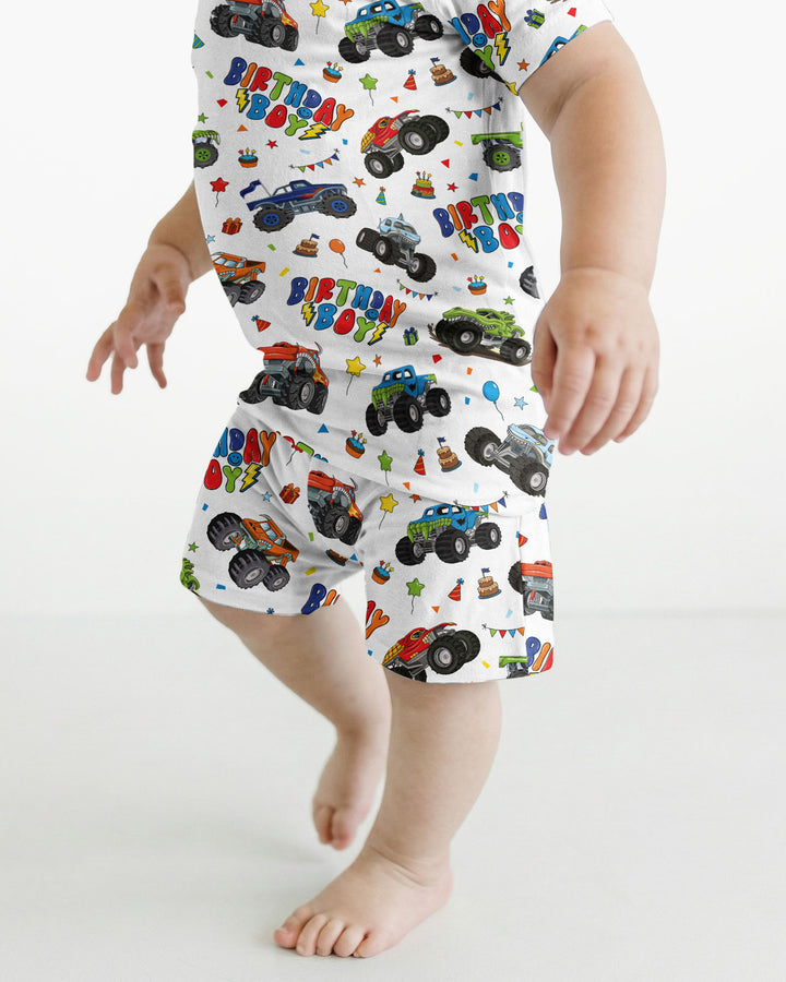 Monster Truck Birthday Boy Bamboo Two Piece Short Sleeve Shorts Pajama Set