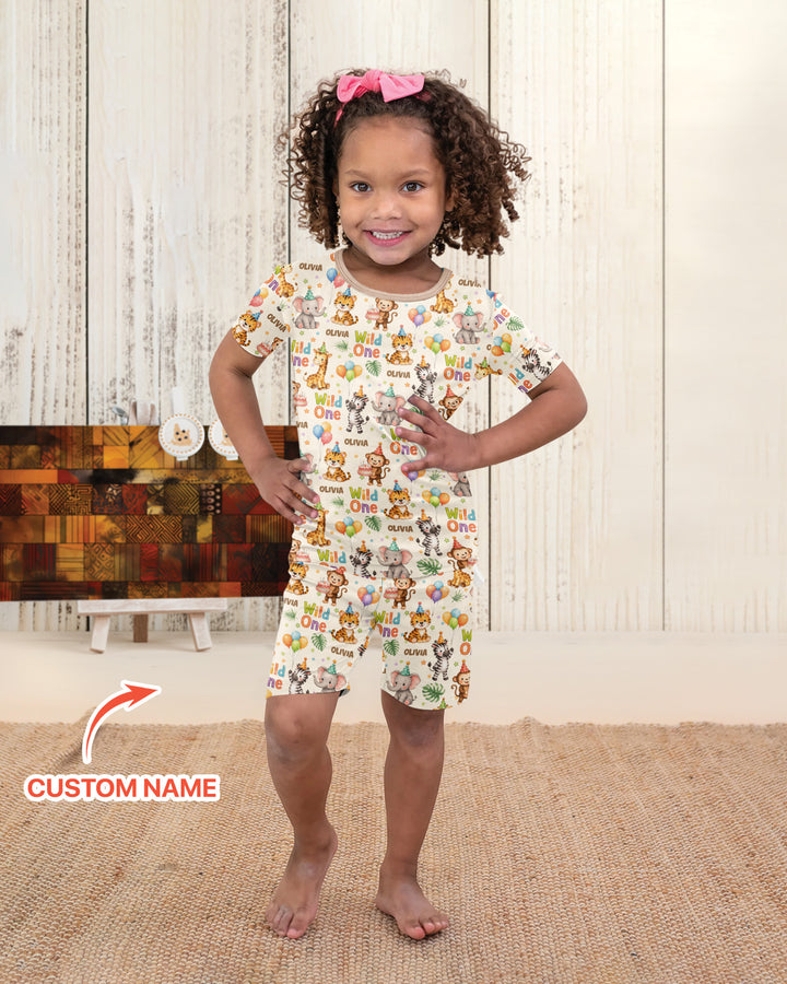 Custom Name 1st Birthday Wild One Bamboo Two Piece Short Sleeve Shorts Pajama Set