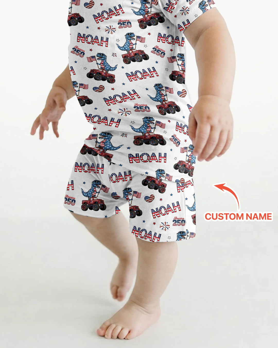 Custom Name American Flag Dinosaur Bamboo Two Piece Short Sleeve Shorts Pajama Set