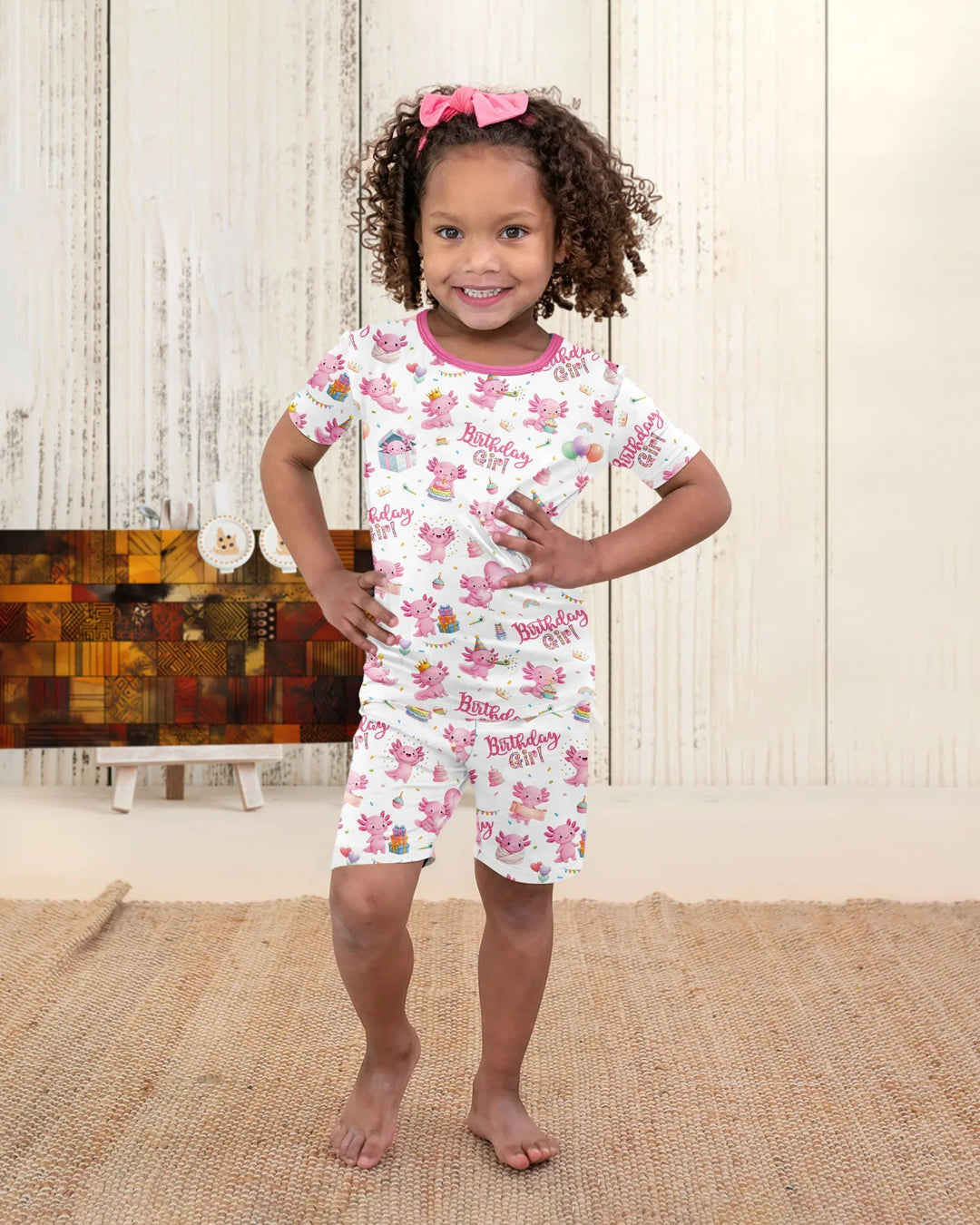 Cute Axolotl Birthday Girl Bamboo Two Piece Short Sleeve Shorts Pajama Set
