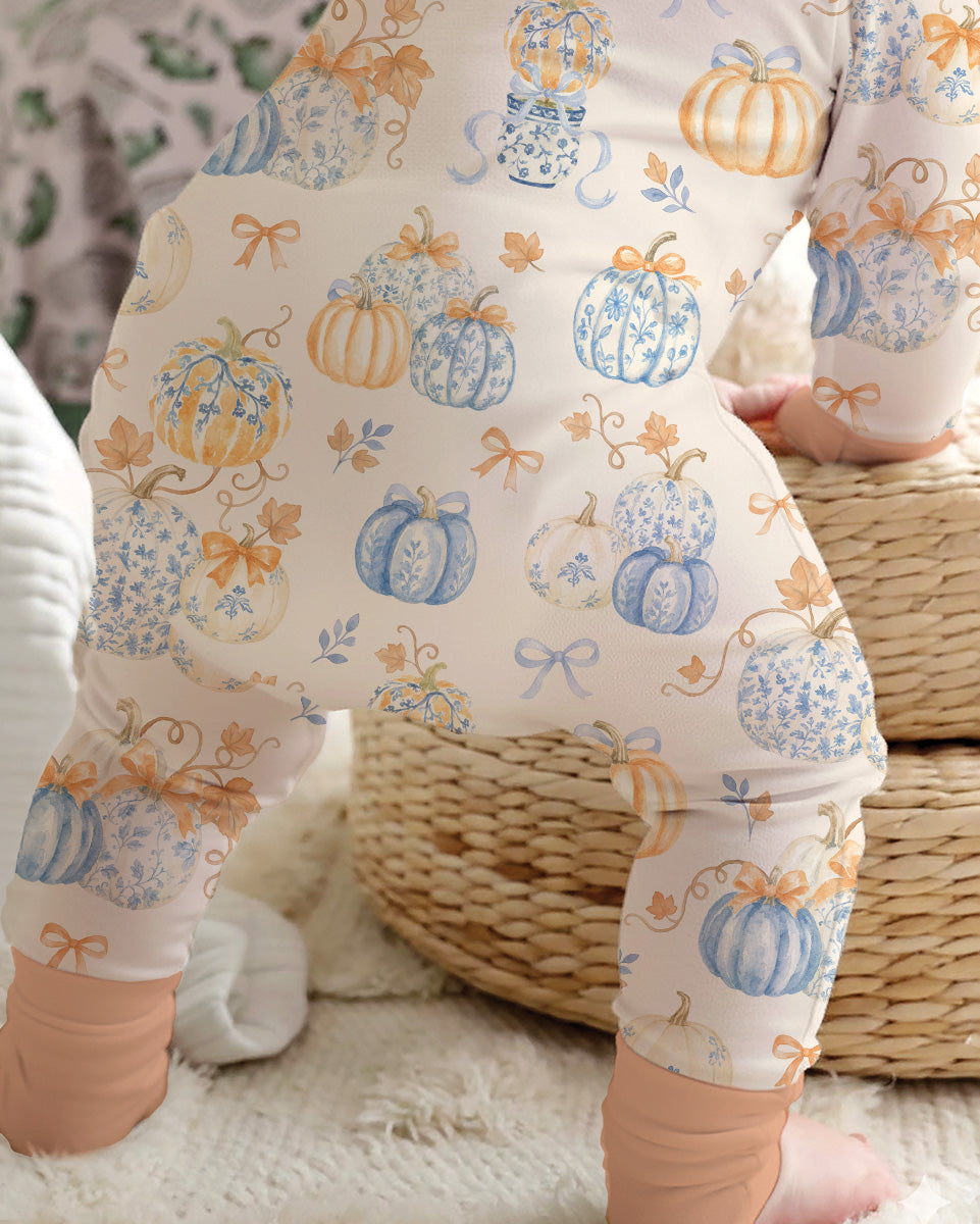 Preppy Blue and Orange Chinoiserie Pumpkin Bamboo Convertible Zippy