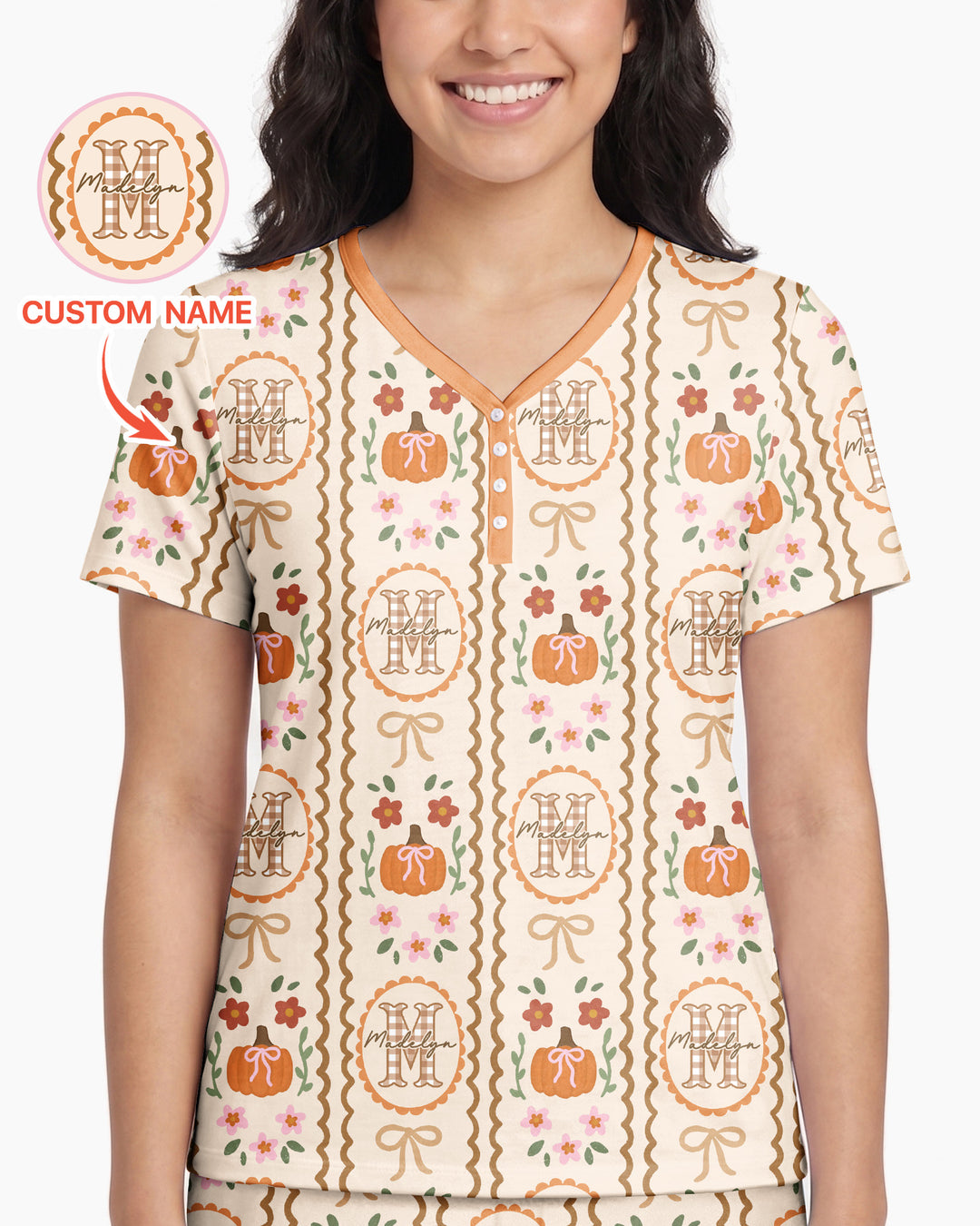 Custom Name Pumpkin Cottage Bamboo Women Short Sleeve Short Pajama Set