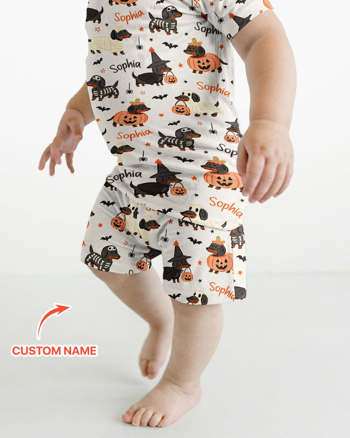 Orange and Black Dachshund Bamboo Two Piece Short Sleeve Shorts Pajama Set