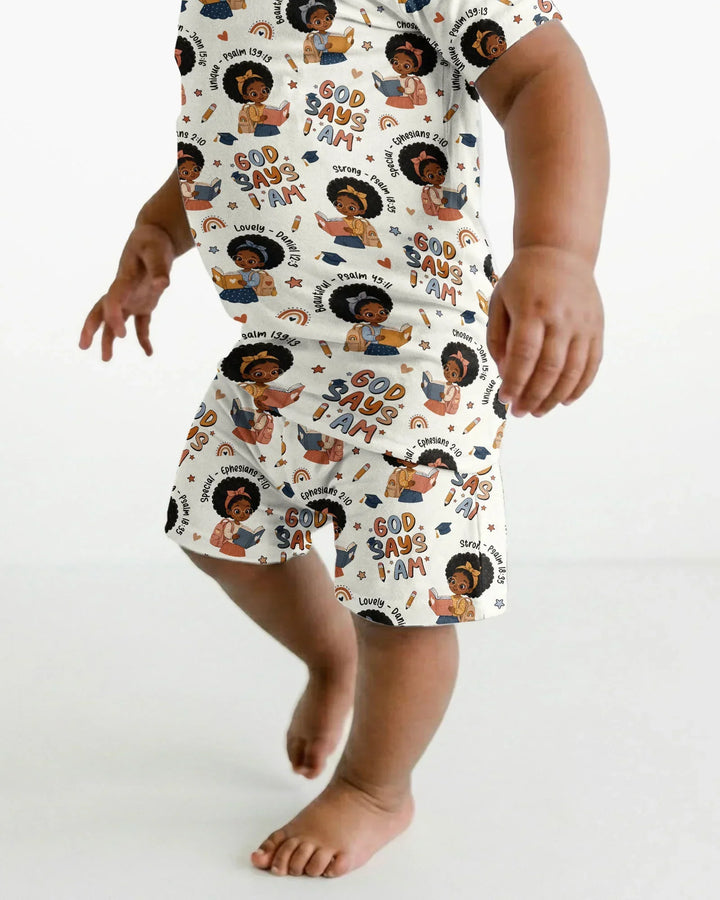 God Says I Am Cute Learning Afro Girl  Bamboo Two Piece Short Sleeve Shorts Pajama Set