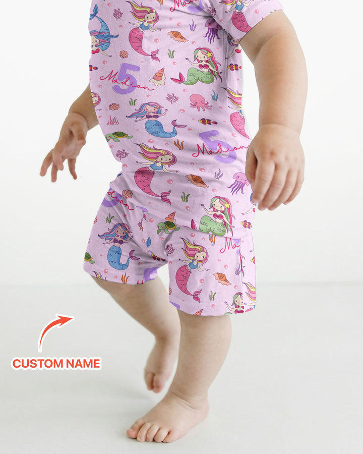 Custom Name Birthday Mermaid Bamboo Two Piece Short Sleeve Shorts Pajama Set