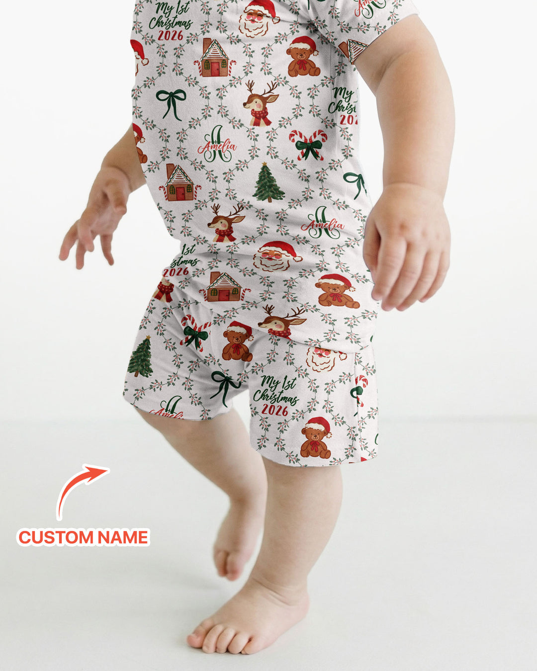 Custom name "Fancy Monogram Red Christmas 2026" Bamboo Two Piece Short Sleeve Shorts Pajama Set