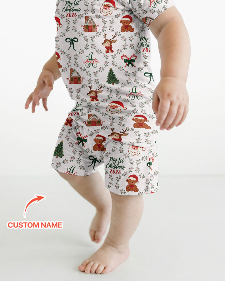 Custom name "Fancy Monogram Red Christmas 2026" Bamboo Two Piece Short Sleeve Shorts Pajama Set