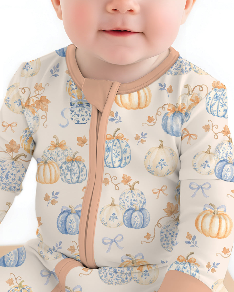 Preppy Blue and Orange Chinoiserie Pumpkin Bamboo Convertible Zippy