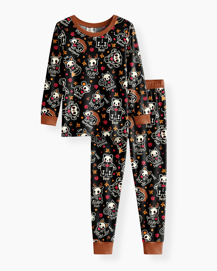 Kawaii Skeleton Woodland Animals Bamboo Two Piece Long Sleeve Pajama Set
