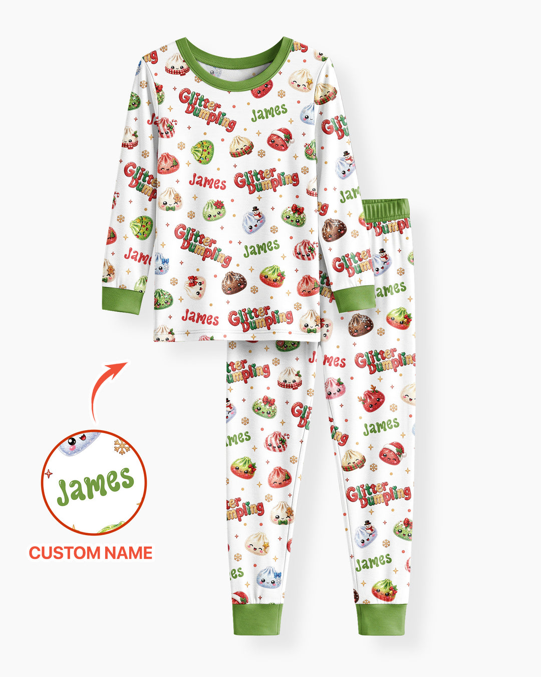 Custom Name Glitter Christmas Dumpling  Bamboo Two Piece Long Sleeve Pajama Set