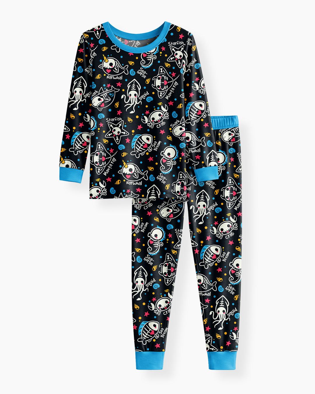 Kawaii Skeleton Ocean Animals Bamboo Two Piece Long Sleeve Pajama Set