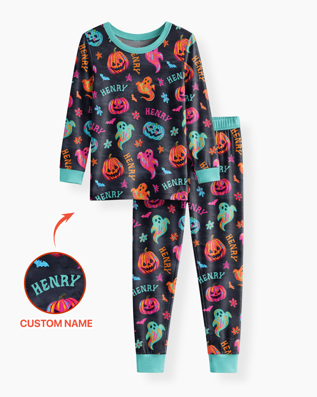 Custom Name Preppy Neon Pumpkin Bamboo Two Piece Long Sleeve Pajama Set