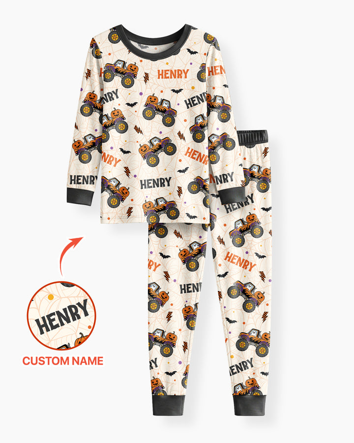 Custom Name Halloween Monster Truck Bamboo Two Piece Long Sleeve Pajama Set