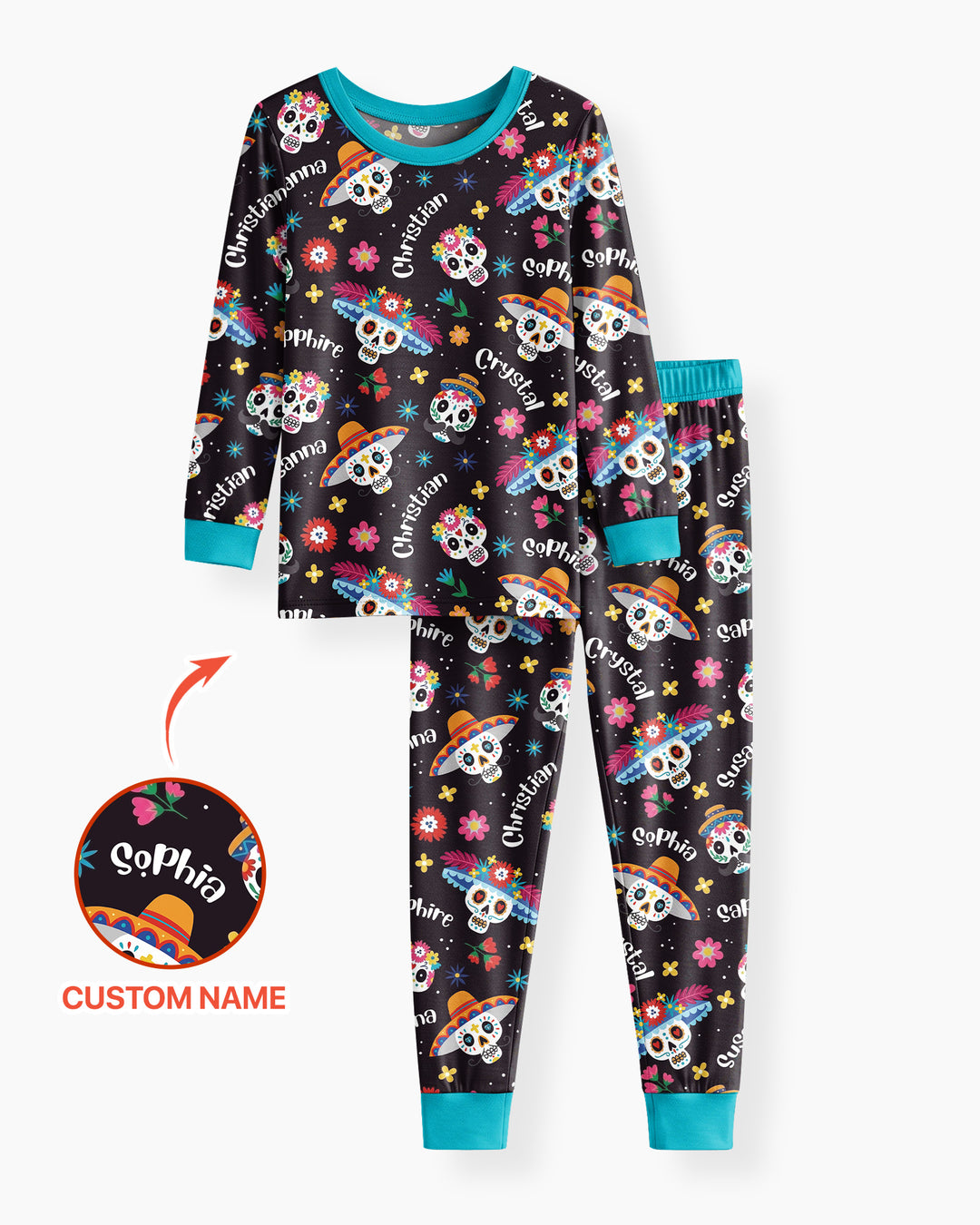 Custom Name Dia De Los Muertos Bamboo Two Piece Long Sleeve Pajama Set