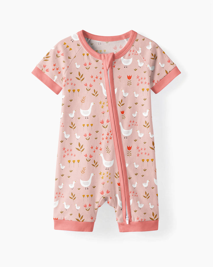 Geese and Flowers Bamboo Shorty Zippered Romper
