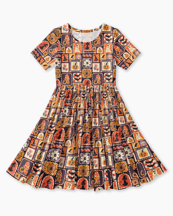 Retro Halloween Patchwork Icons Bamboo Twirl Dress