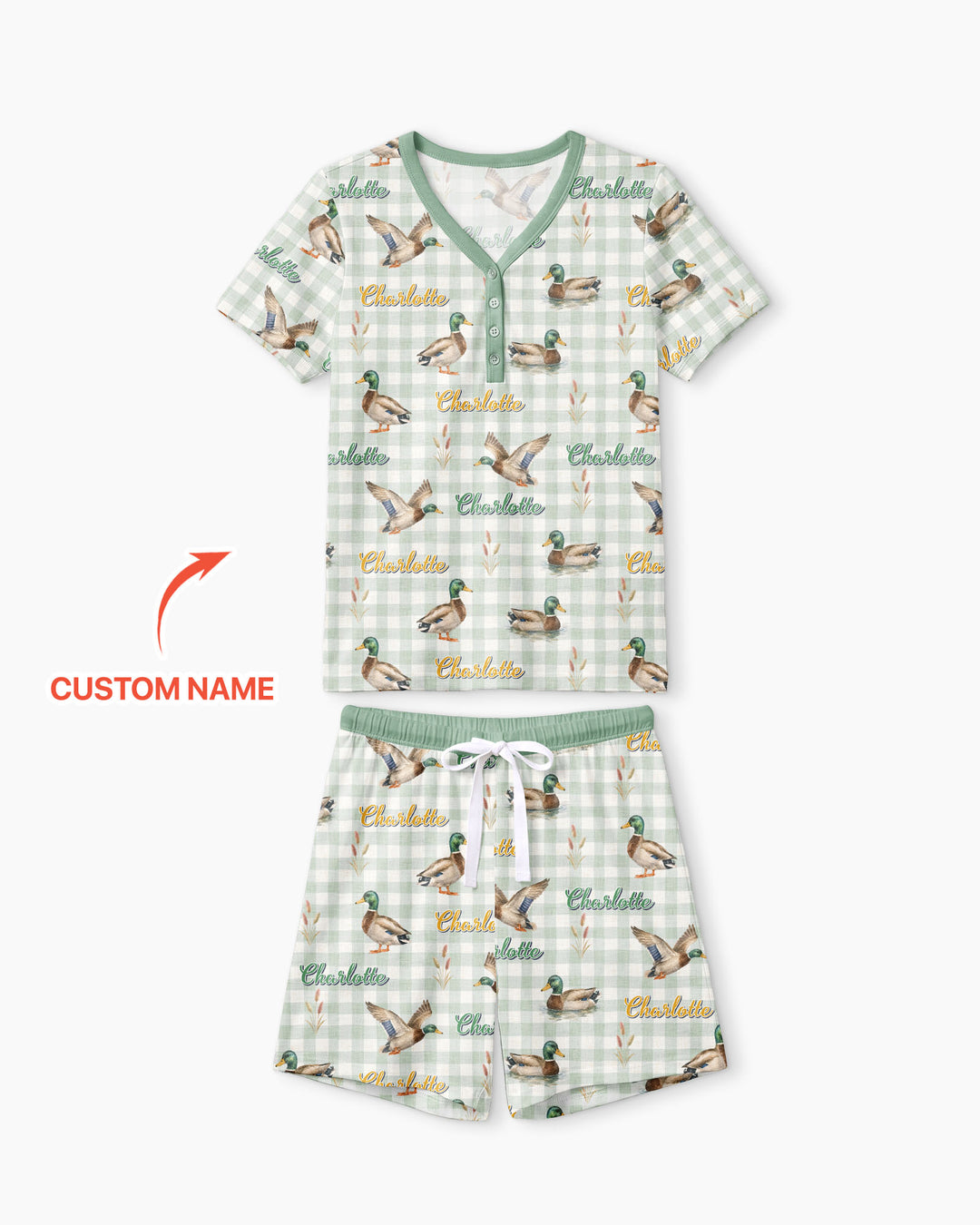 Mallard Duck Custom Name Bamboo Women Short Sleeve Short Pajama Set