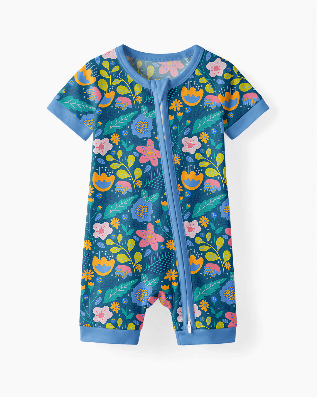 Folk Floral Bamboo Shorty Zippered Romper