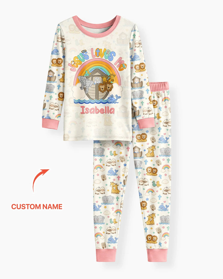 Custom Name Noah's Ark Jesus Loves Me Bamboo Two Piece Long Sleeve Pajama Set
