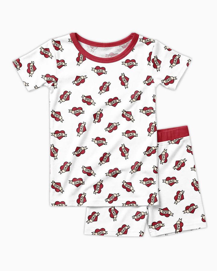 Old School Dad Hearts Daddy & Me Matching Bamboo Two Piece Short Sleeve Shorts Pajama Set