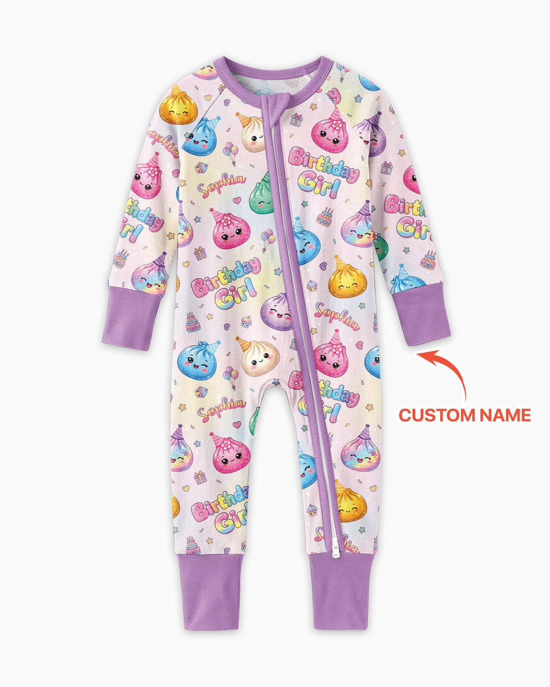 Custom Name Glitter Dumpling Birthday Girl Bamboo Convertible Zippy