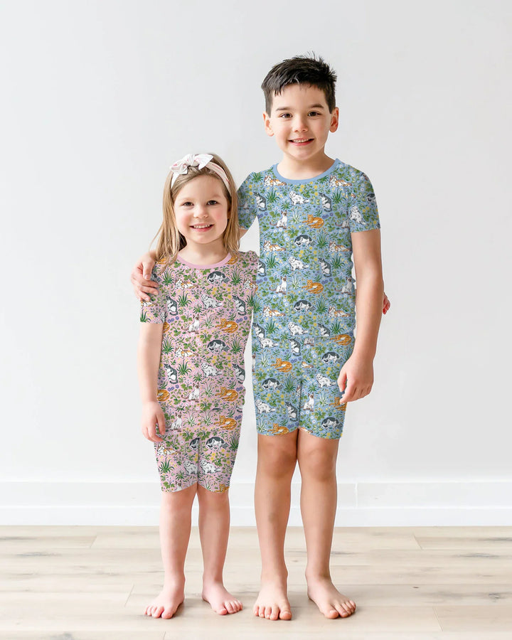 Pijama de dos piezas de bambú de manga corta y pantalón corto a juego para la familia de Kitten Garden