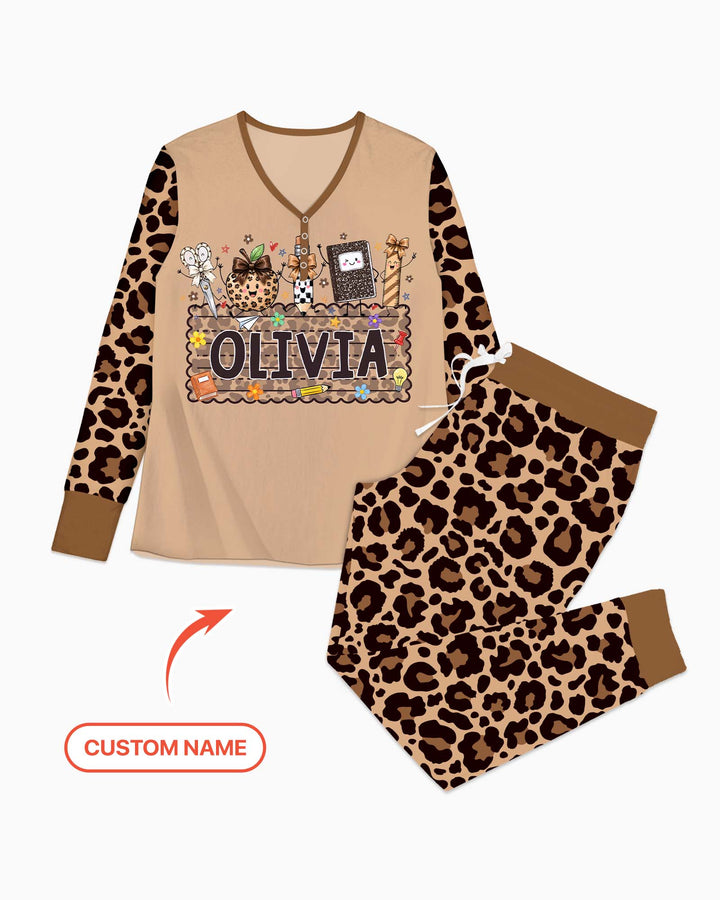 Custom Name School Sweetheart Leopard Bamboo Women Pajama Set