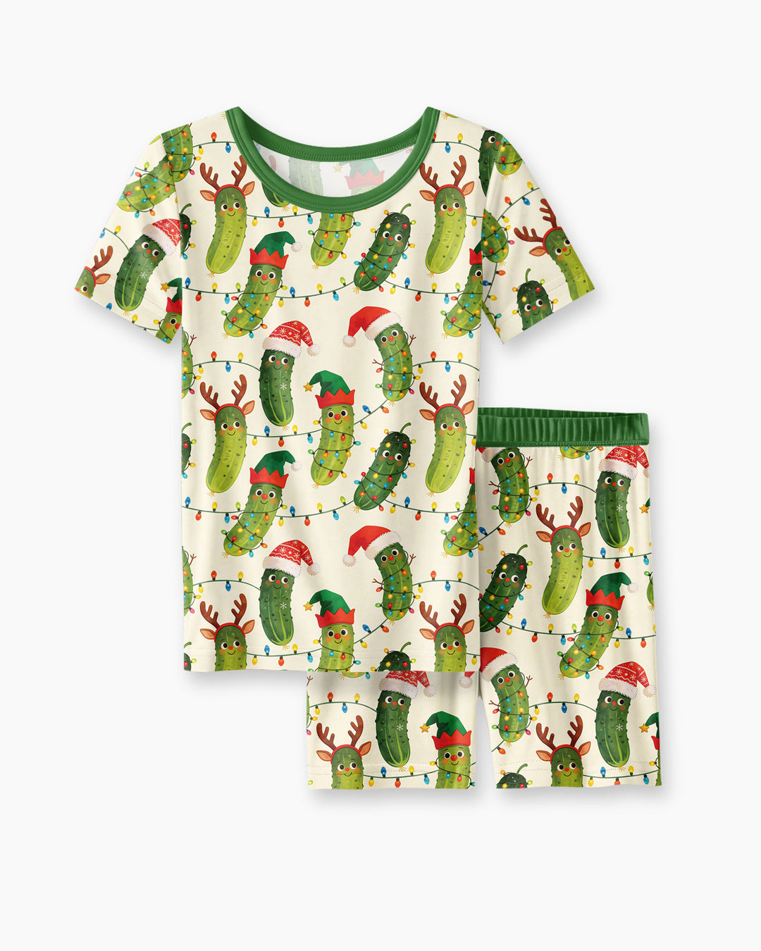 Cheerful Christmas Pickle Bamboo Two Piece Short Sleeve Shorts Pajama Set