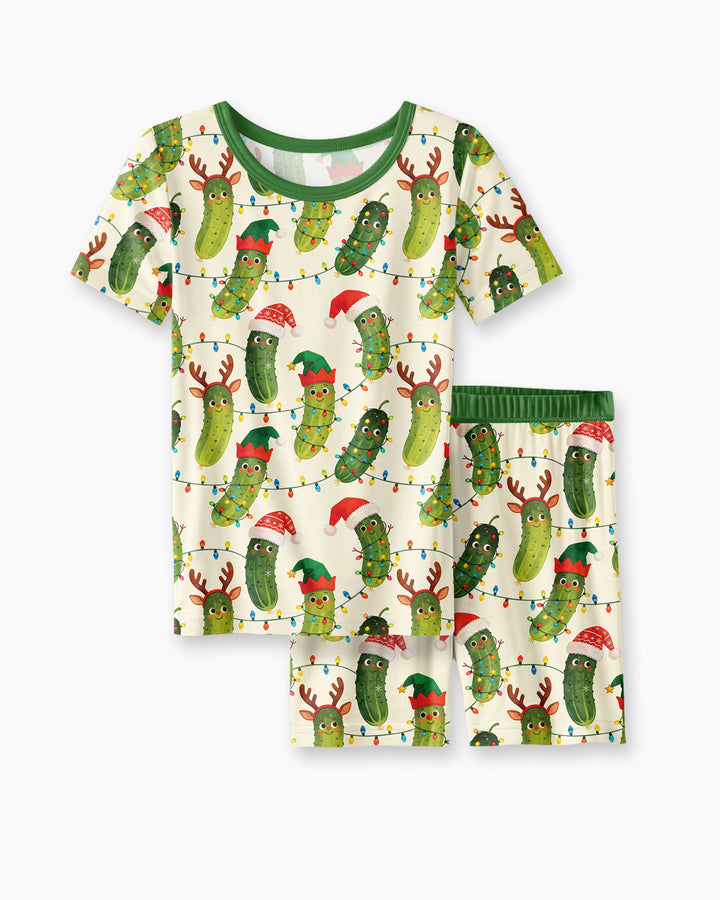 Cheerful Christmas Pickle Bamboo Two Piece Short Sleeve Shorts Pajama Set