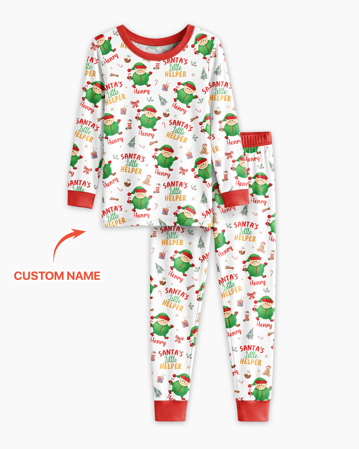 Custom Name Santa's Little Helper Bamboo Two Piece Long Sleeve Pajama Set