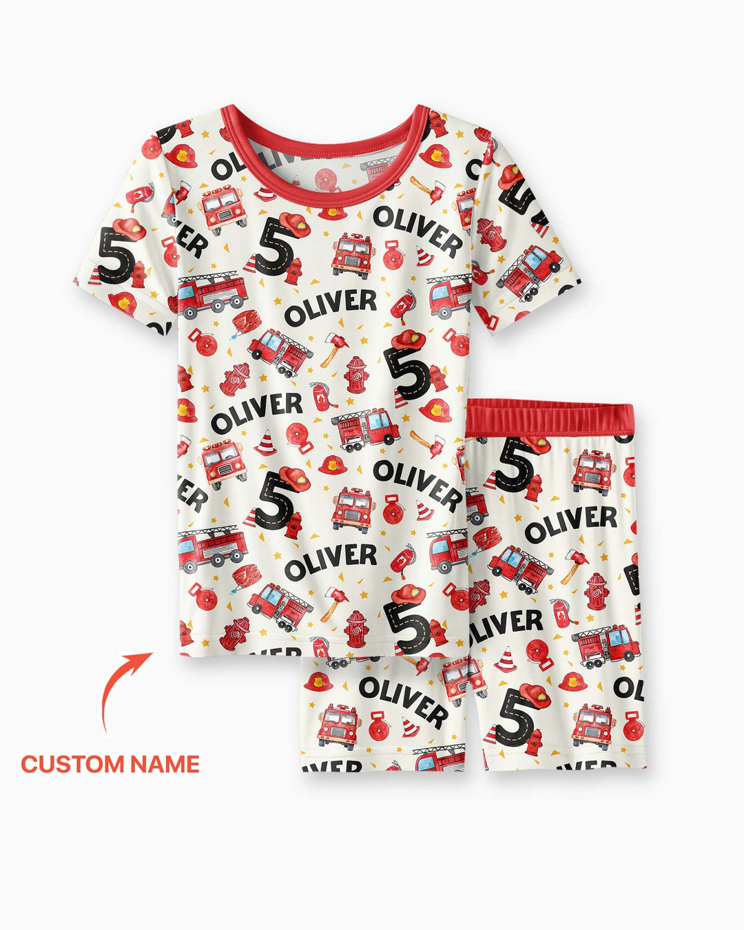 Custom Name Fire Truck Birthday Boy Bamboo Two Piece Short Sleeve Shorts Pajama Set