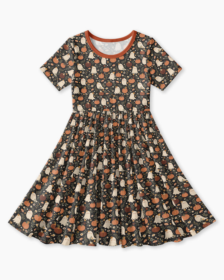 Ghost Pumpkin Harvest Floral Halloween Bamboo Twirl Dress