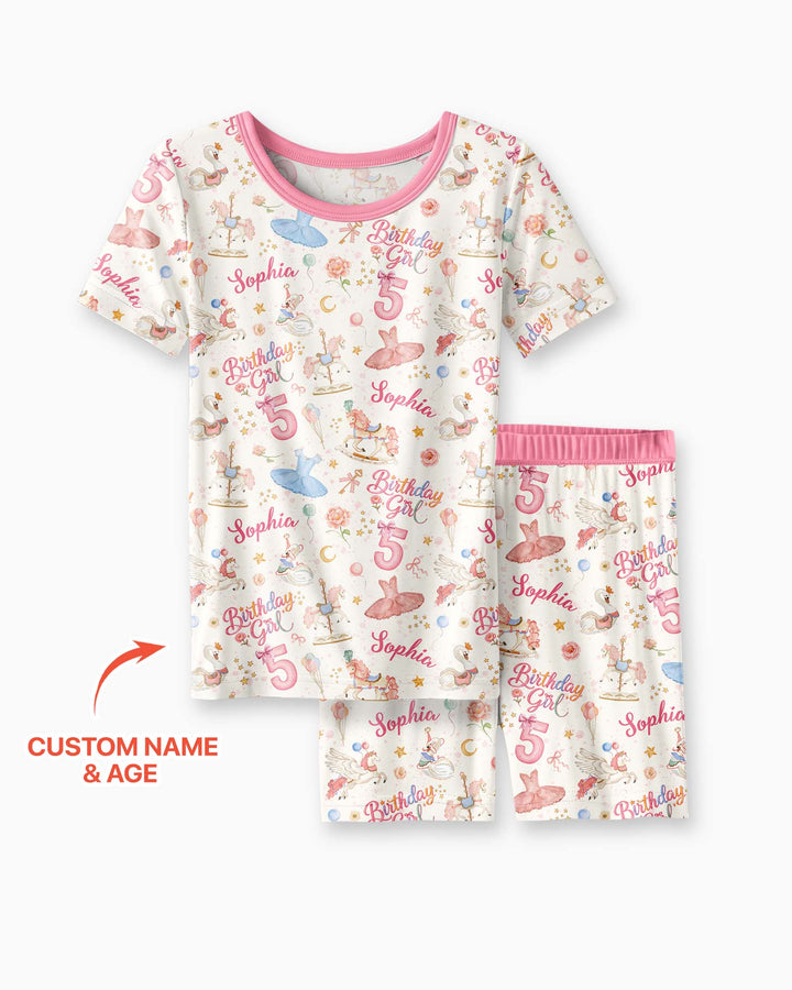 Ballerina Birthday Girl Custom Name & Age Bamboo Two Piece Short Sleeve Shorts Pajama Set