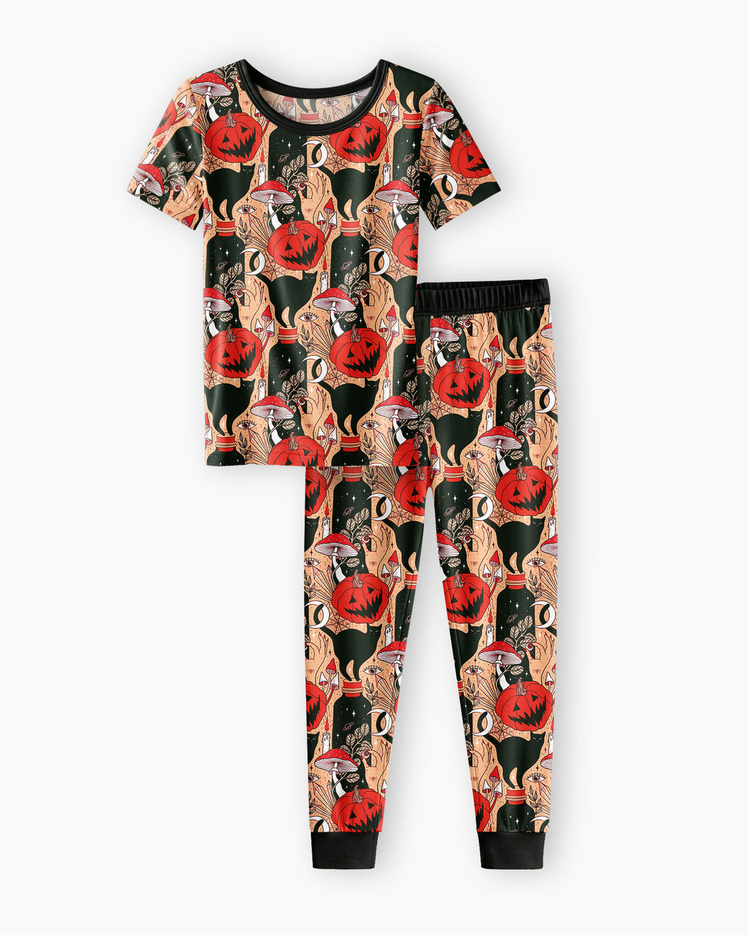Black Cat And Pumpkin Halloween Bamboo Two Piece Short Sleeve Pajama Set