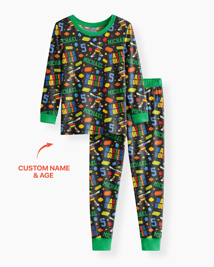 Custom Name and Age Master Builder Birthday Bamboo Two Piece Long Sleeve Pajama Set