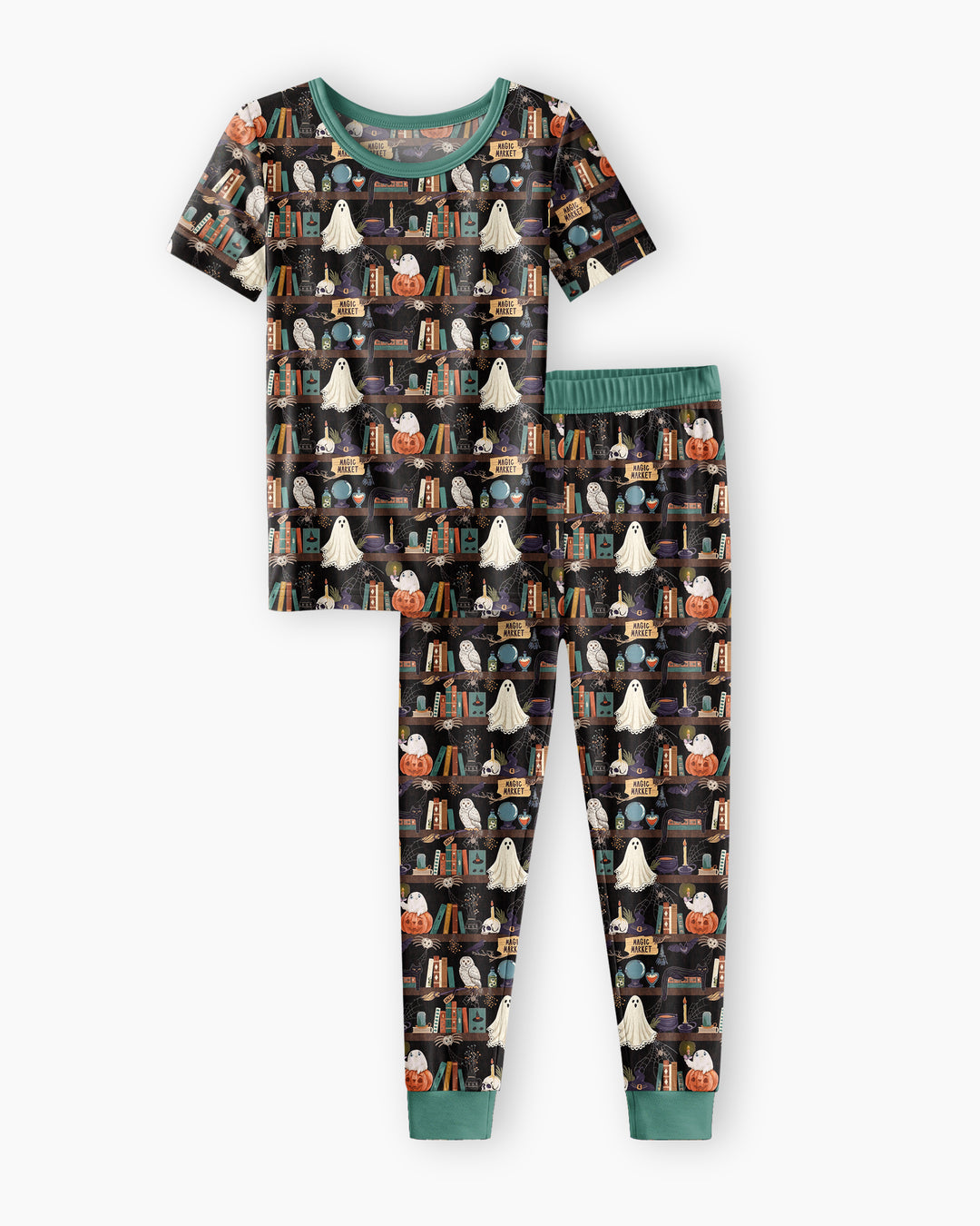 Cute Ghost Witchy Halloween Magic Library Bamboo Two Piece Short Sleeve Pajama Set