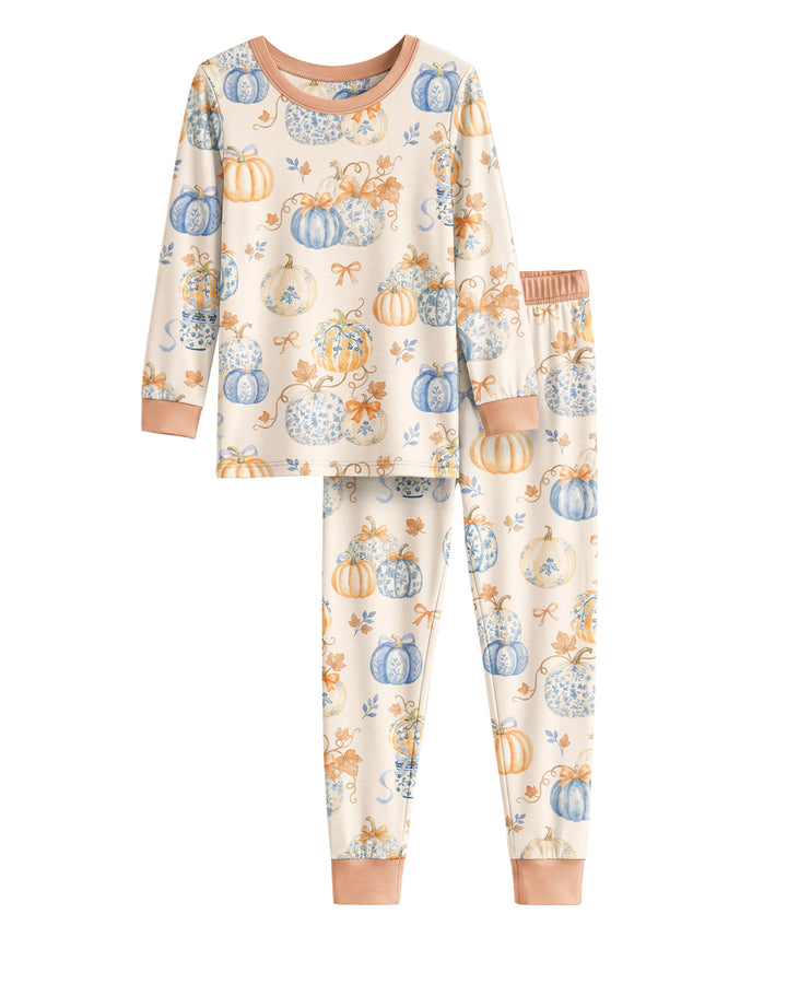 Preppy Blue and Orange Chinoiserie Pumpkin Bamboo Two Piece Long Sleeve Pajama Set