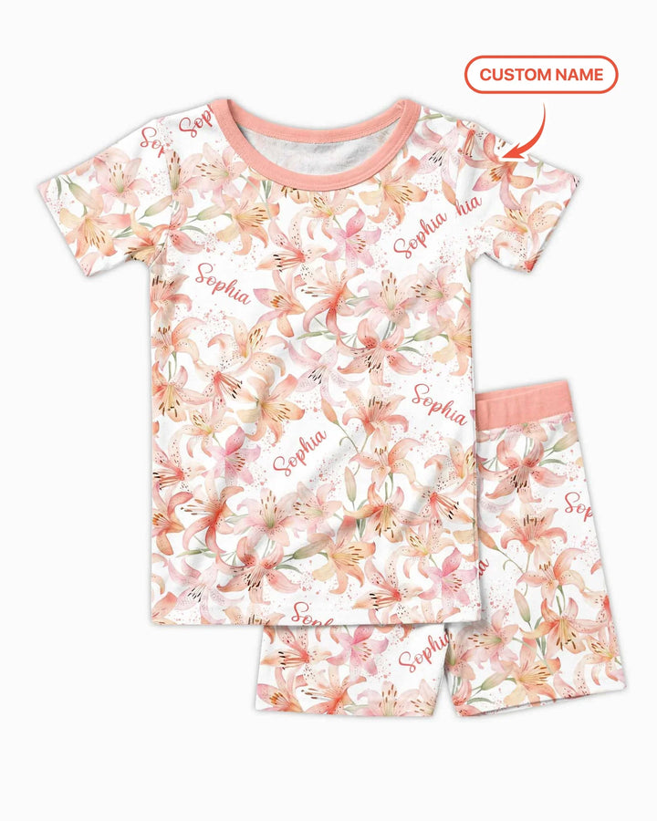 Custom Name Birth Month Flowers Bamboo Two Piece Short Sleeve Shorts Pajama Set