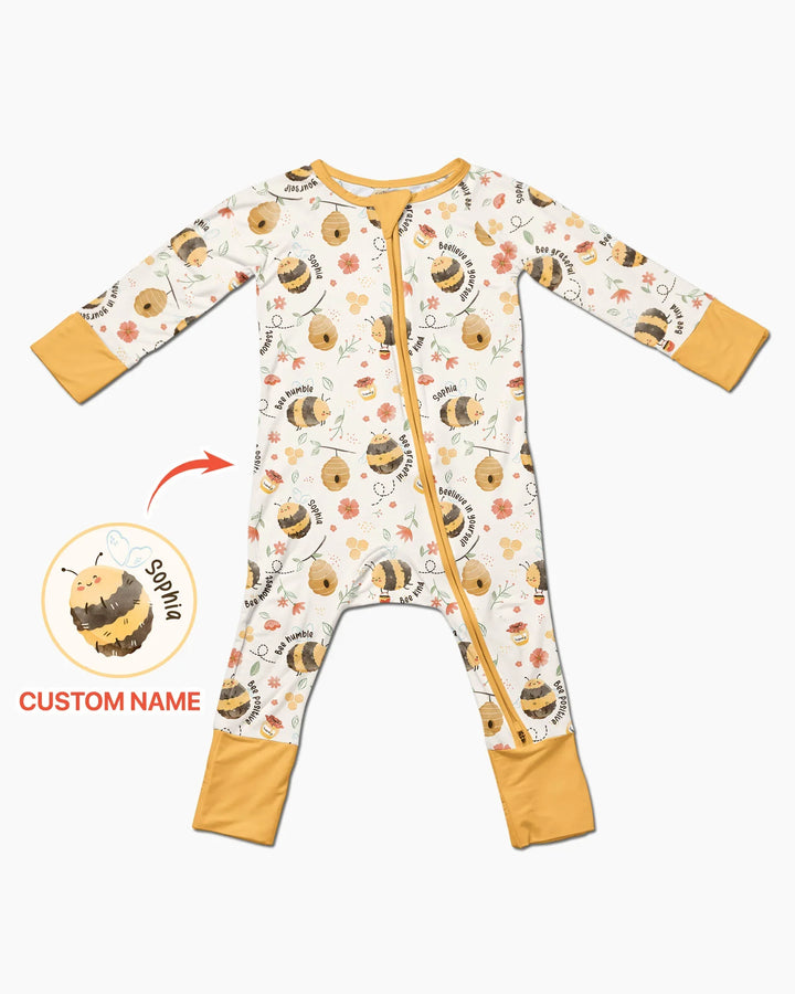 Mameluco convertible de bambú con cremallera y nombre personalizado Bee Kind