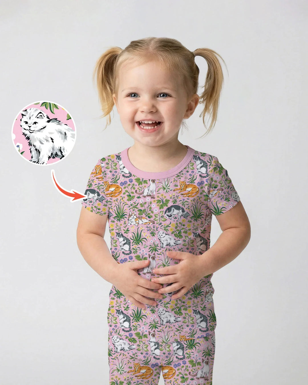 Conjunto de pijama de dos piezas de bambú de manga corta a juego para la familia Kitten Garden