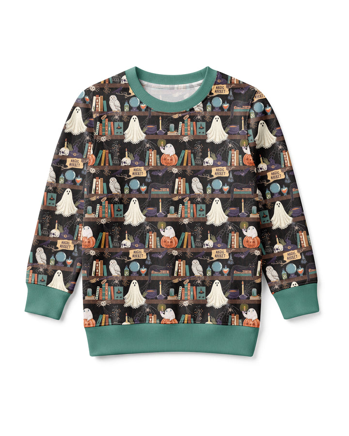 Cute Ghost Witchy Halloween Magic Library Bamboo Crewneck Sweatshirt