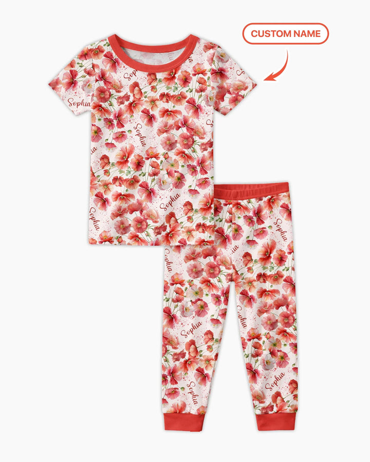 Custom Name Birth Month Flowers Bamboo Two Piece Short Sleeve Pajama Set